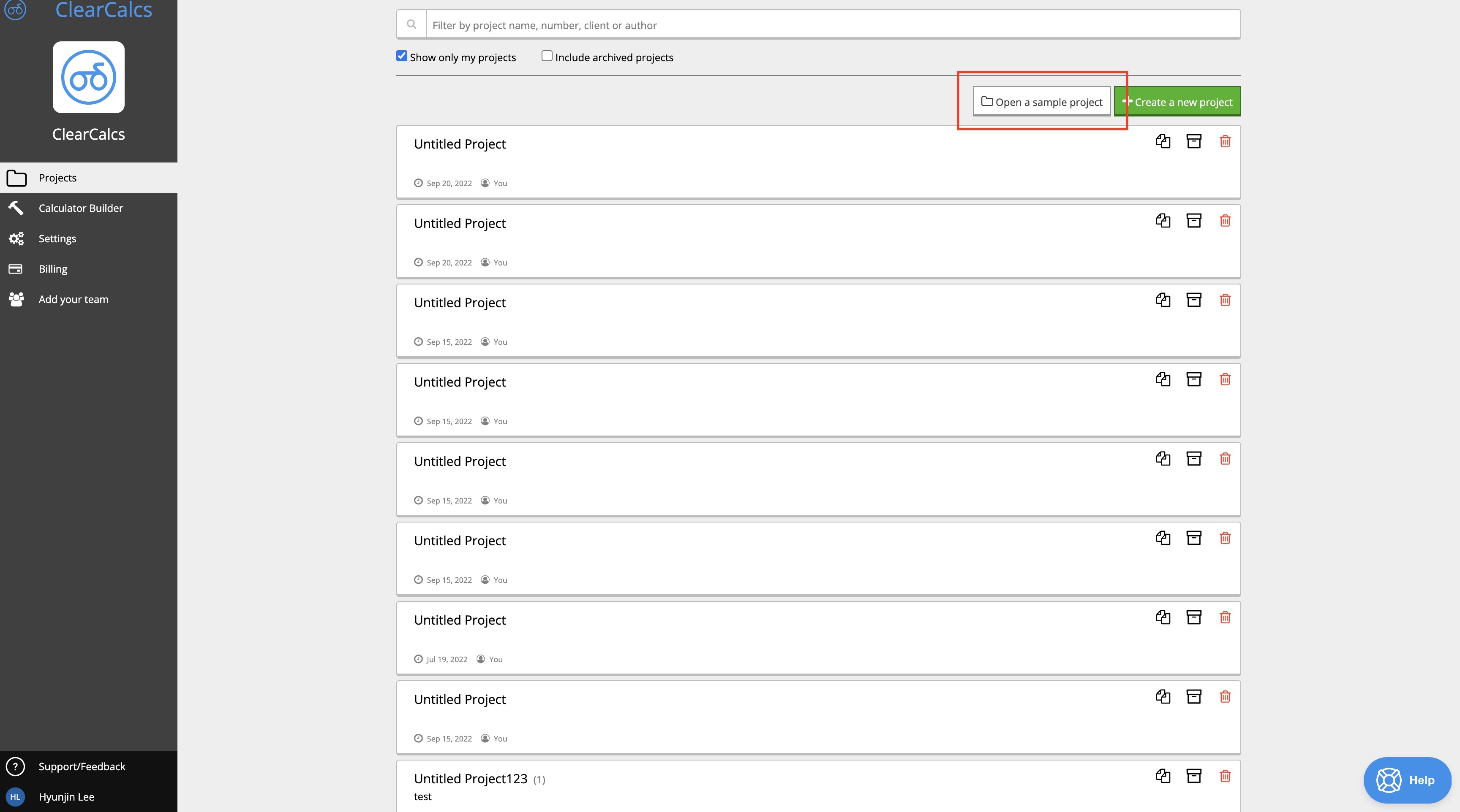Sample projects button location